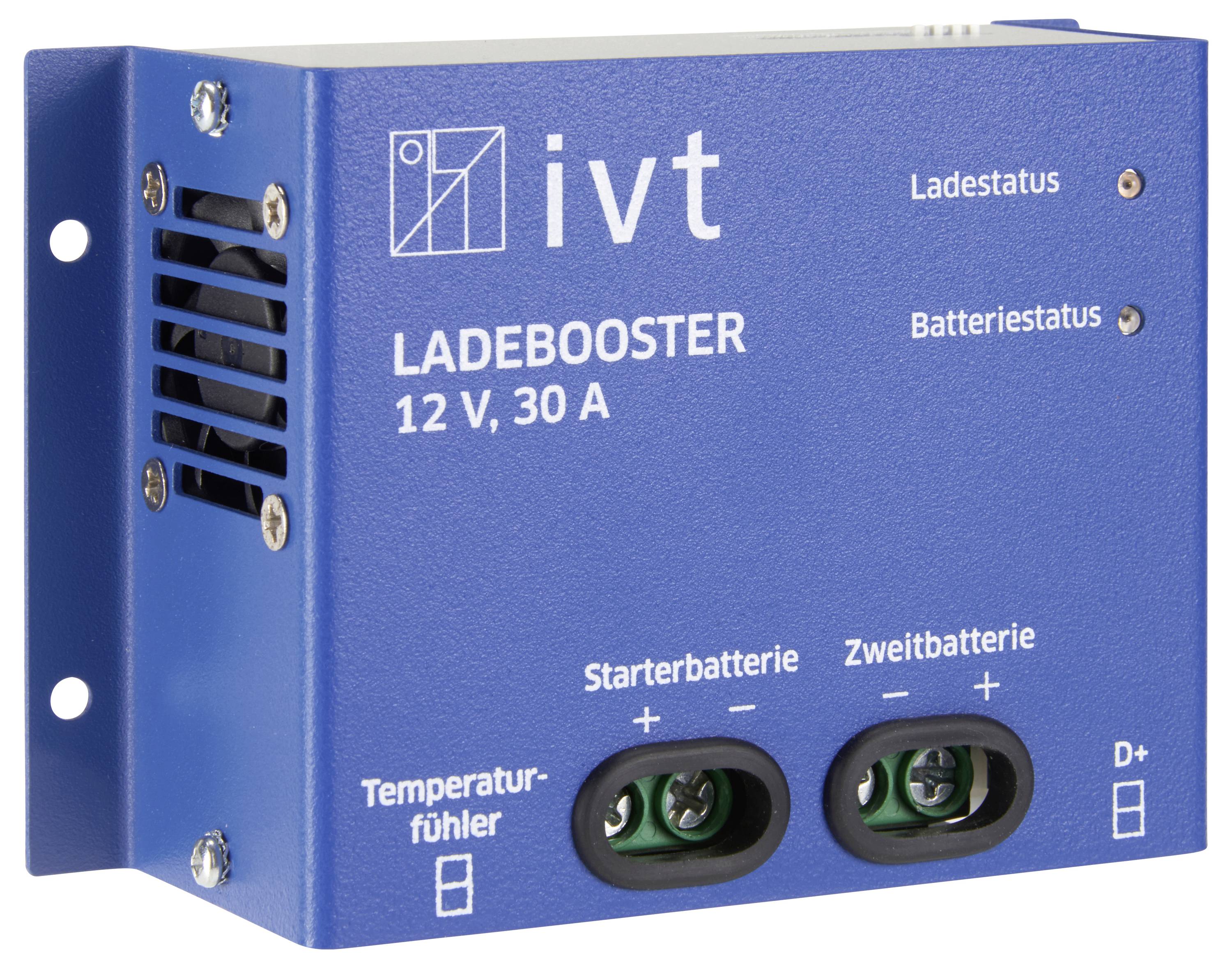Blauer Ladebooster von IVT für 12 V und 30 A. Zeigt Lade- und Batteriestatus. Hat Anschlüsse für Starter- und Zweitbatterie.