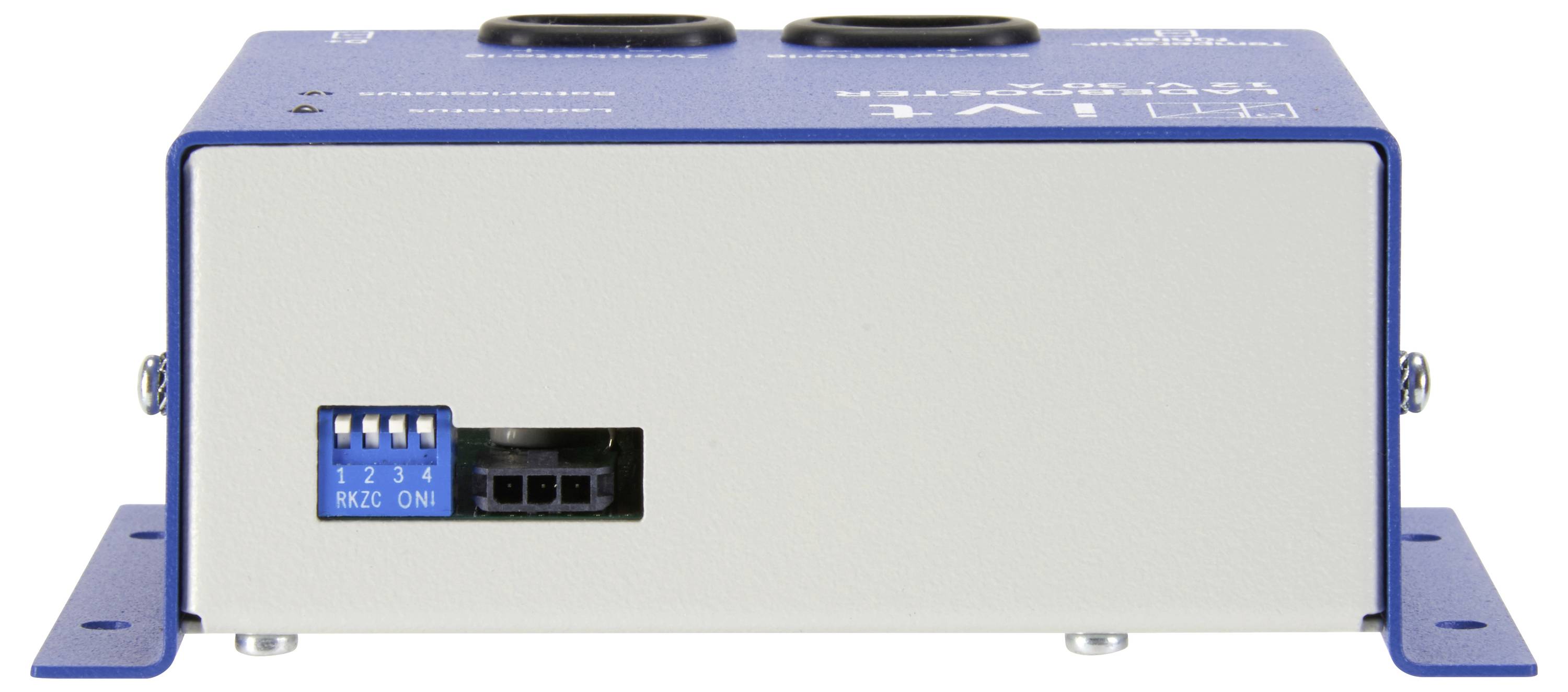 Ein blau-weißes elektronisches Gerät mit Anschlüssen, Schalterstellungen 1-4, montierbar, Vorderansicht.