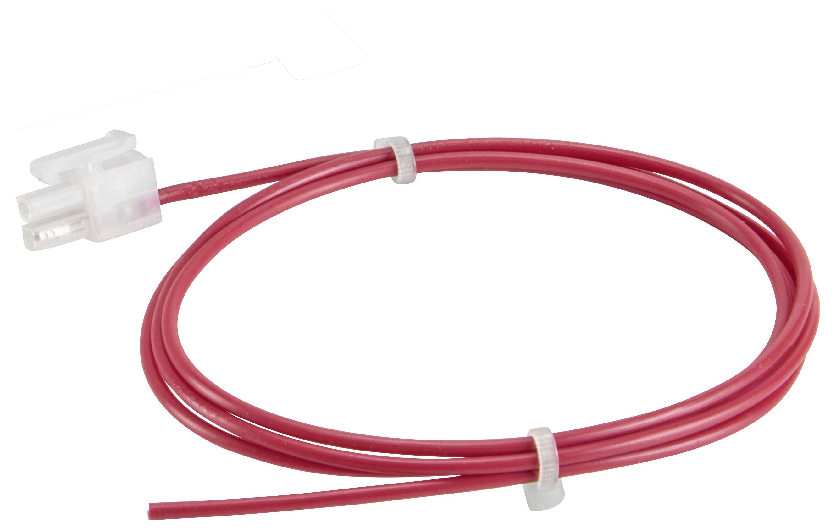 Rotes Kabel mit weißem Stecker, aufgerollt und mit zwei Kabelbindern fixiert. Geeignet für elektrische Anwendungen.