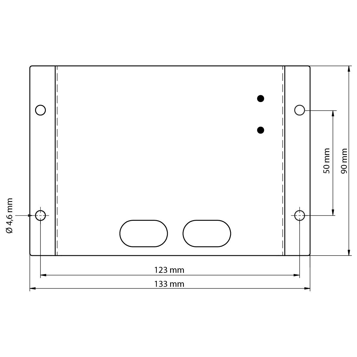 Abbildung eines rechteckigen Metallblechs mit zwei großen ovalen Öffnungen in der unteren Mitte und zwei kleineren Löchern oben rechts. Maße: 133 mm x 90 mm.