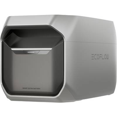 Ein silbernes, eckiges Gerät mit der Aufschrift 'ECOFLOW' und 'SMART EXTRA BATTERY', vermutlich eine zusätzliche Batterieeinheit.