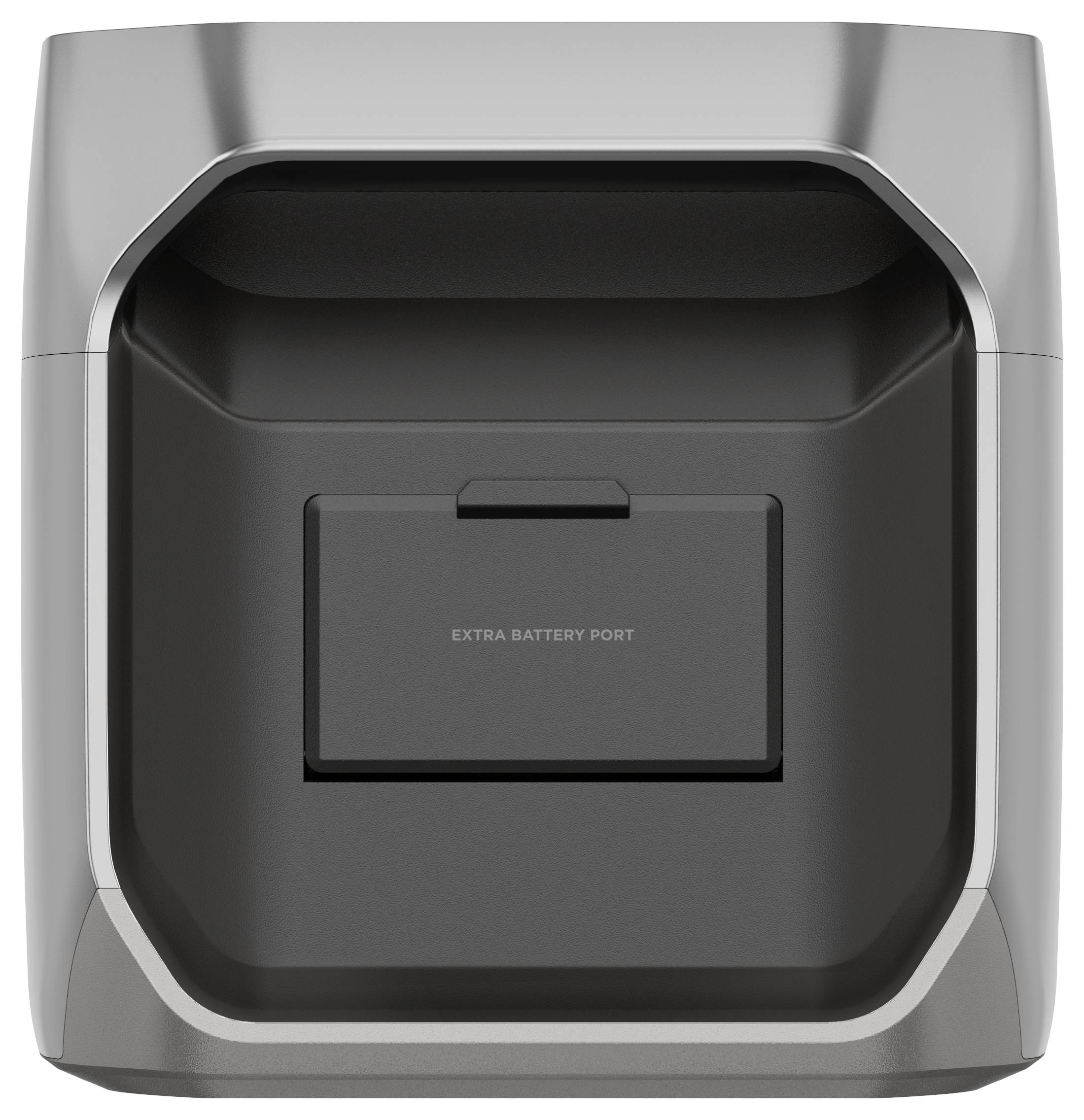 Silbernes Ladegerät mit einem Fach und einem 'Extra Battery Port' in der Mitte.