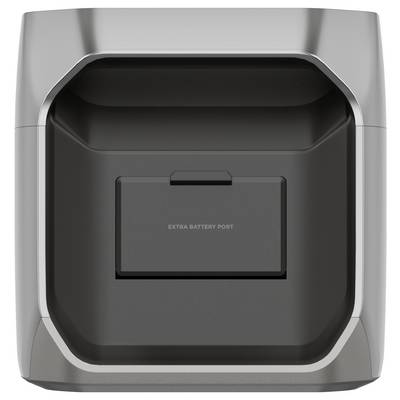 Silbernes Ladegerät mit einem Fach und einem 'Extra Battery Port' in der Mitte.