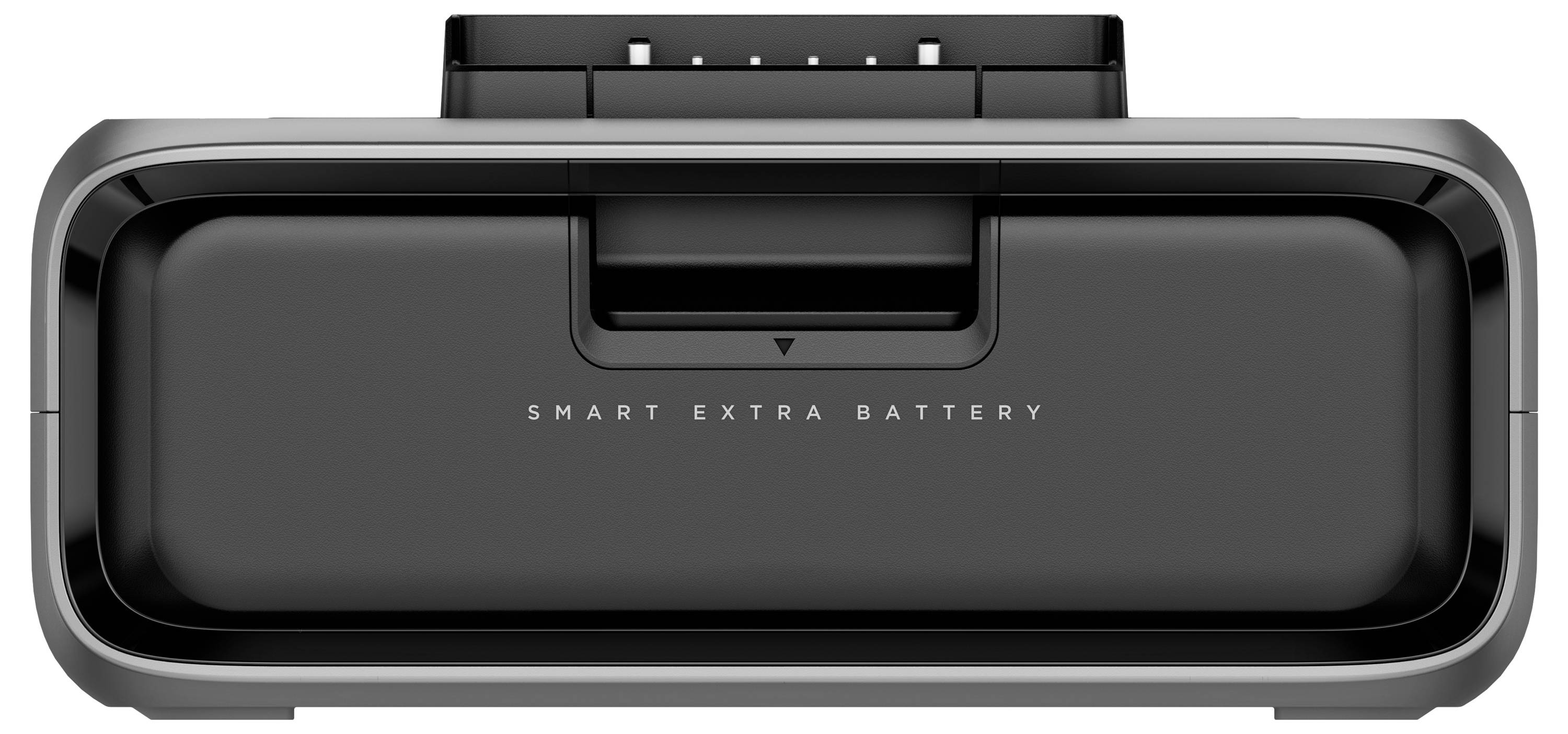 Eine schwarze 'Smart Extra Battery'-Ladeeinheit mit einer zentralen Halterung für eine zusätzliche Batterie.