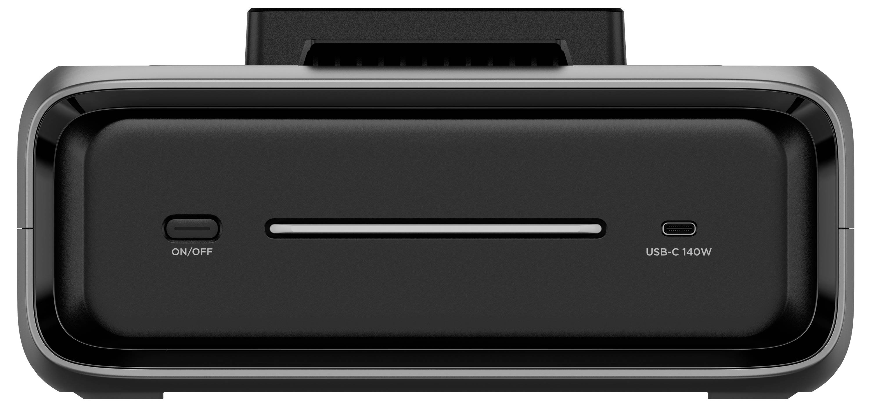Eine schwarze Dockingstation von vorne, mit einem On/Off-Knopf links und einem USB-C-Anschluss mit 140W rechts.