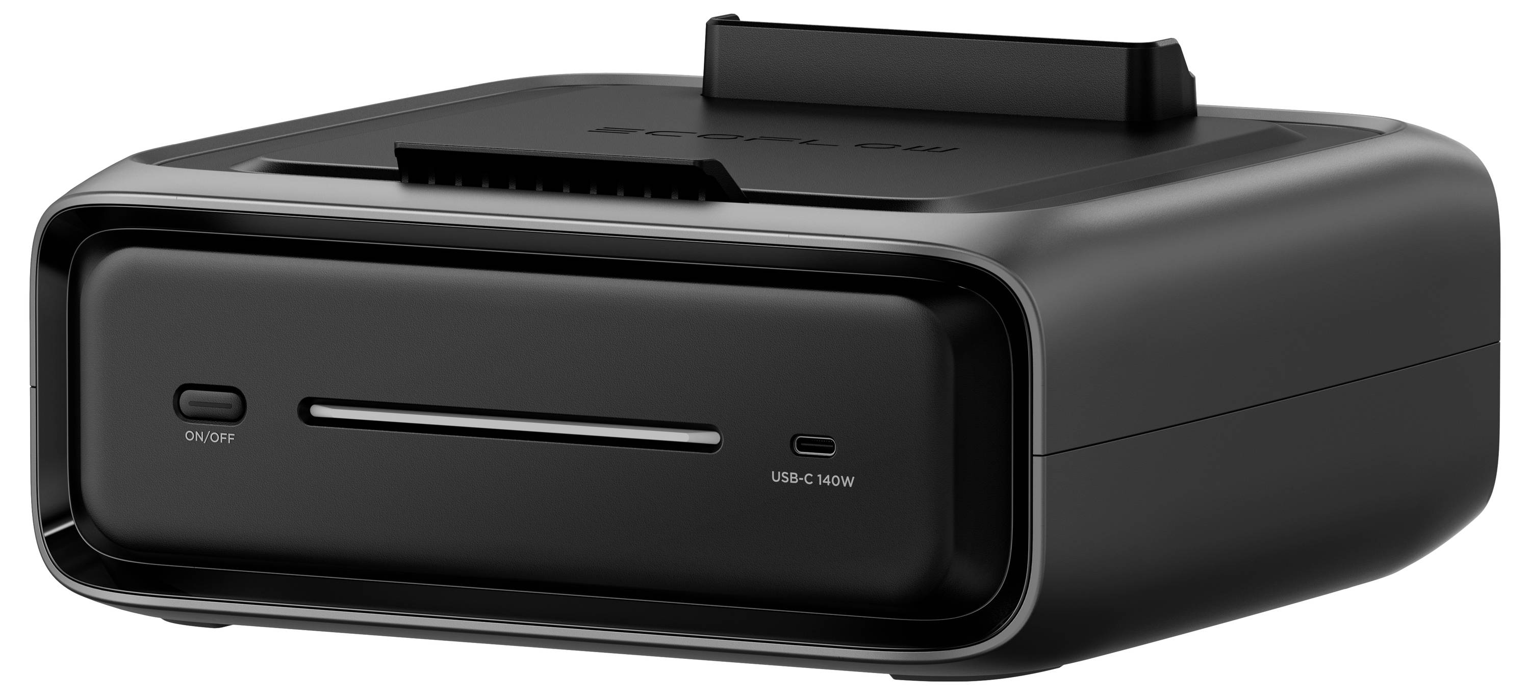 Kompakter, schwarzer Drucker mit Einschaltknopf und USB-C-Anschluss vorne rechts. Entworfen für kleine Büros oder Heimgebrauch.