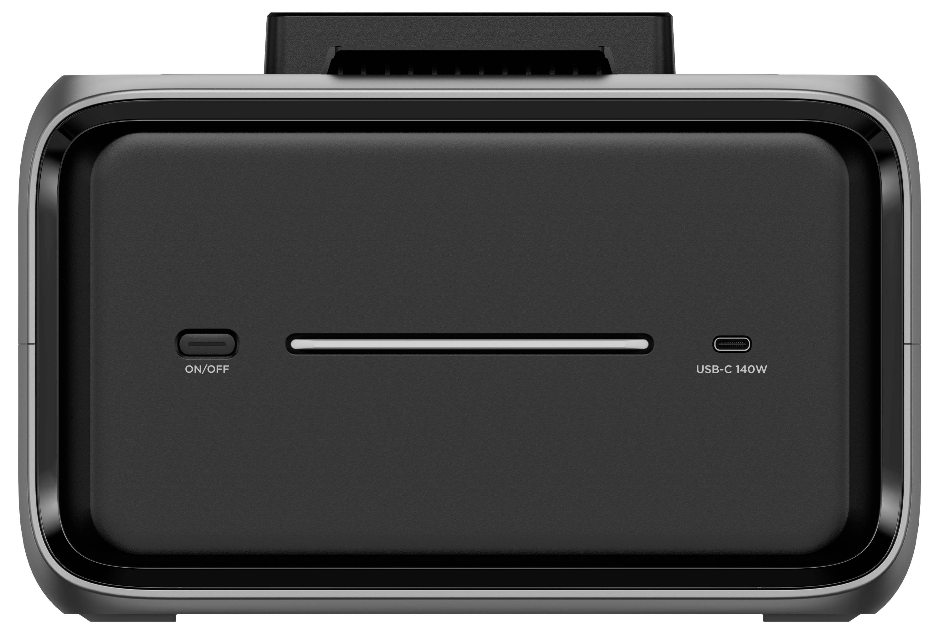 Ein rechteckiges Gerät mit ON/OFF-Taste und USB-C 140W-Anschluss vorne.