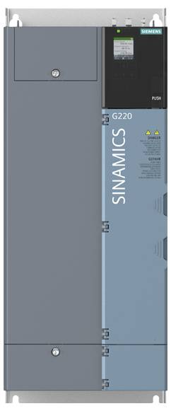 Industrie-Grafik: Ein blaugrauer SINAMICS G220 Industriewechselrichter. Oben das Siemens-Logo und grüne LED-Anzeige.