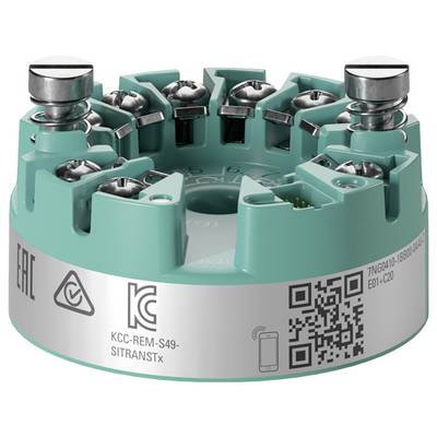 Ein kreisförmiges, elektronisches Gerät in türkis mit mehreren Schraubklemmen oben und einem QR-Code sowie anderen Markierungen an der Seite.