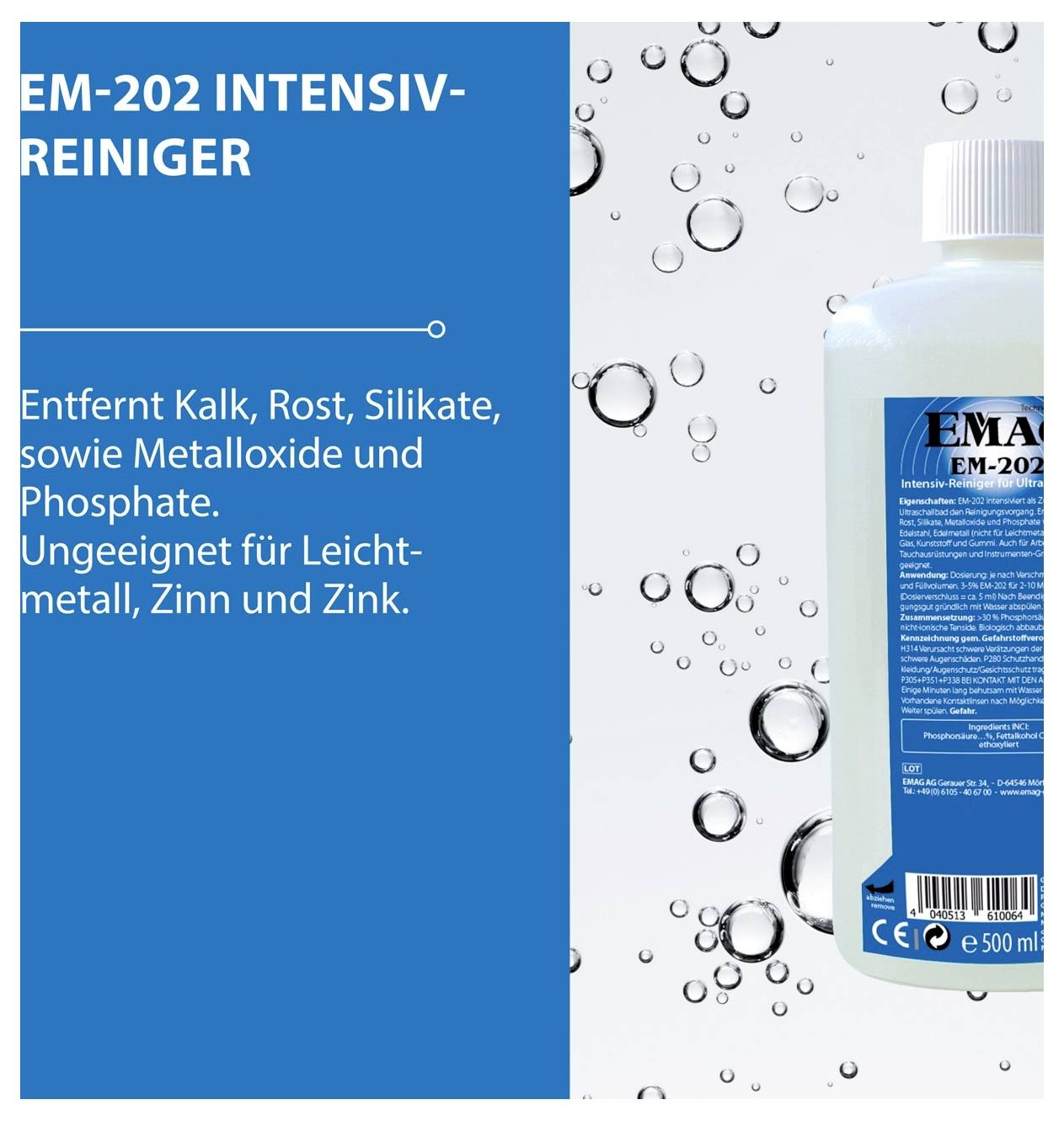 Werbebild für 'EM-202 Intensiv-Reiniger' mit Flasche; entfernt Kalk, Rost, Silikate sowie Metalloxide und Phosphate, ungeeignet für Leichtmetall, Zinn und Zink.