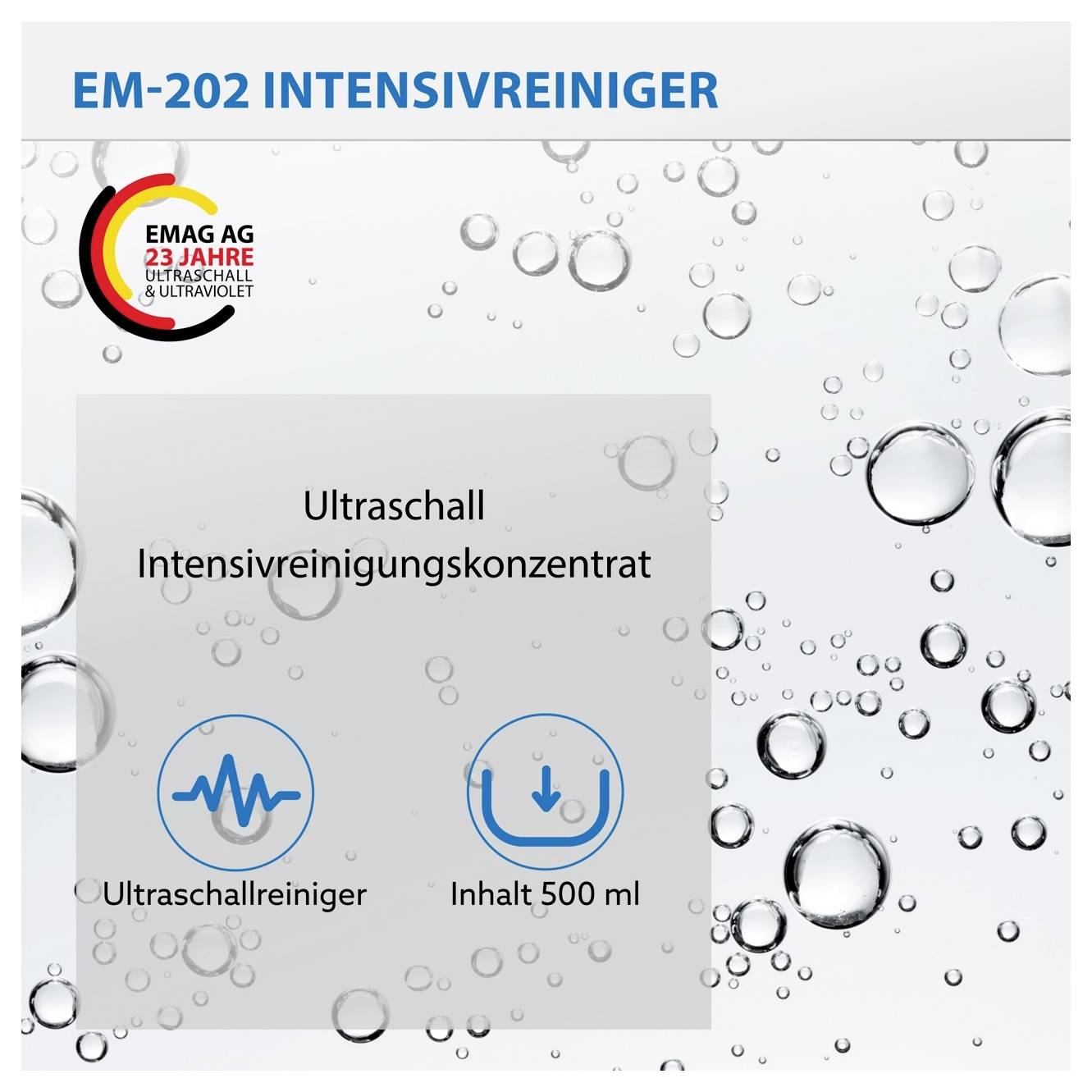 Werbegrafik für den EM-202 Intensivreiniger: Ultraschall-Intensivreinigungskonzentrat, Inhalt 500 ml, EMAG AG, 23 Jahre Ultraschall & UV-Licht.