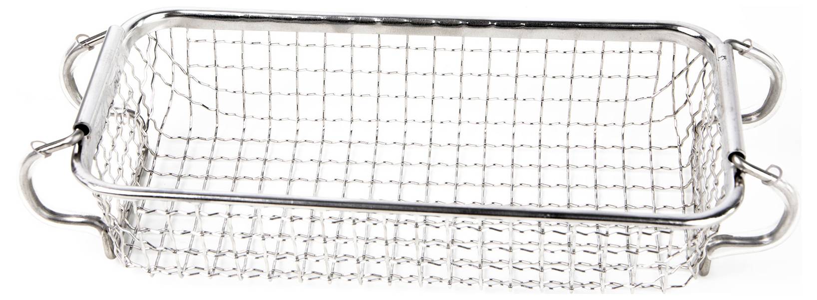 Ein rechteckiger Drahtkorb aus Metall mit zwei Griffen auf beiden Seiten. Ideal zum Abtropfen oder Frittieren von Lebensmitteln.
