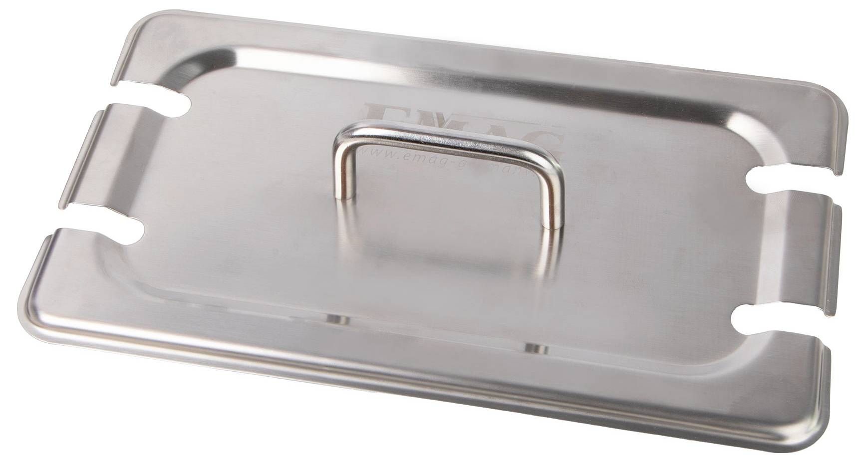 Ein rechteckiger, rostfreier Edelstahl-Deckel mit Griff, geeignet für große Behälter in der Küche.