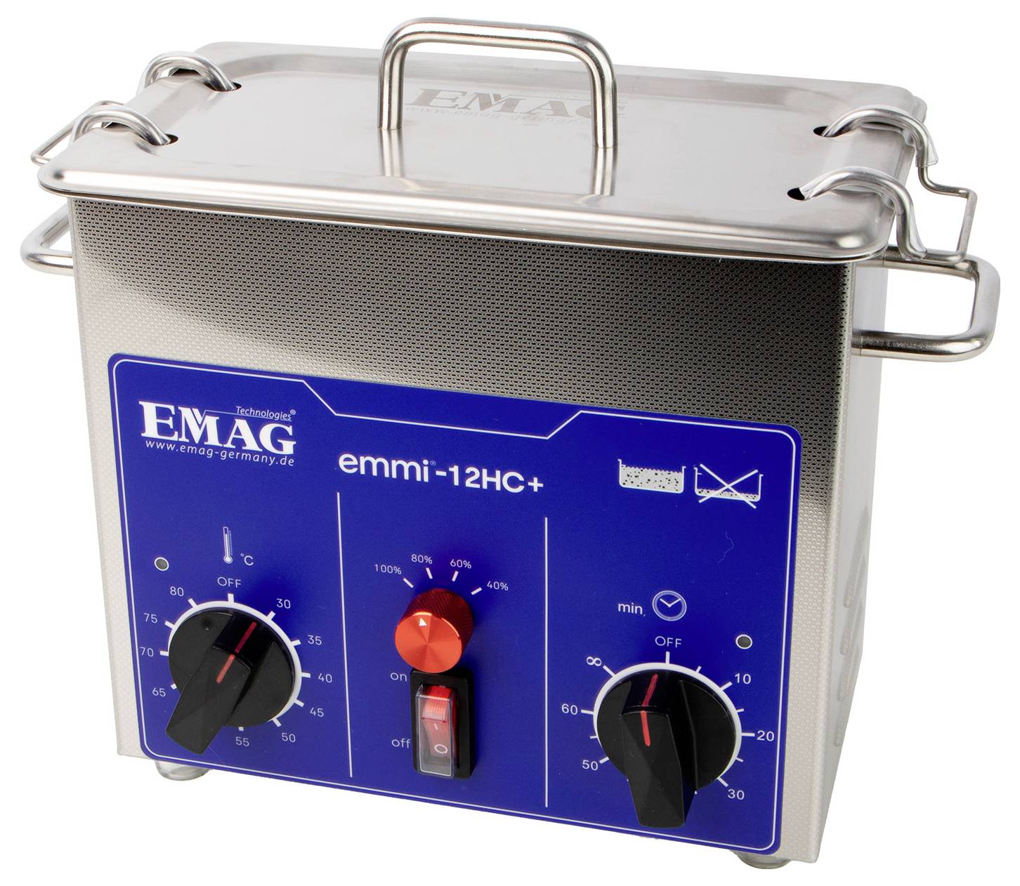 Ein Ultraschallreiniger EMAG emmi-12HC+ aus Edelstahl mit blauem Bedienfeld, drei Drehreglern und einem roten Netzschalter.