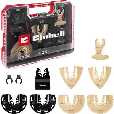 Einhell Multifunktions-Werkzeugzubehörset, 10-teilig in einer transparenten Kunststoffbox mit rotem Griff. Enthält Säge- und Schleifaufsätze.