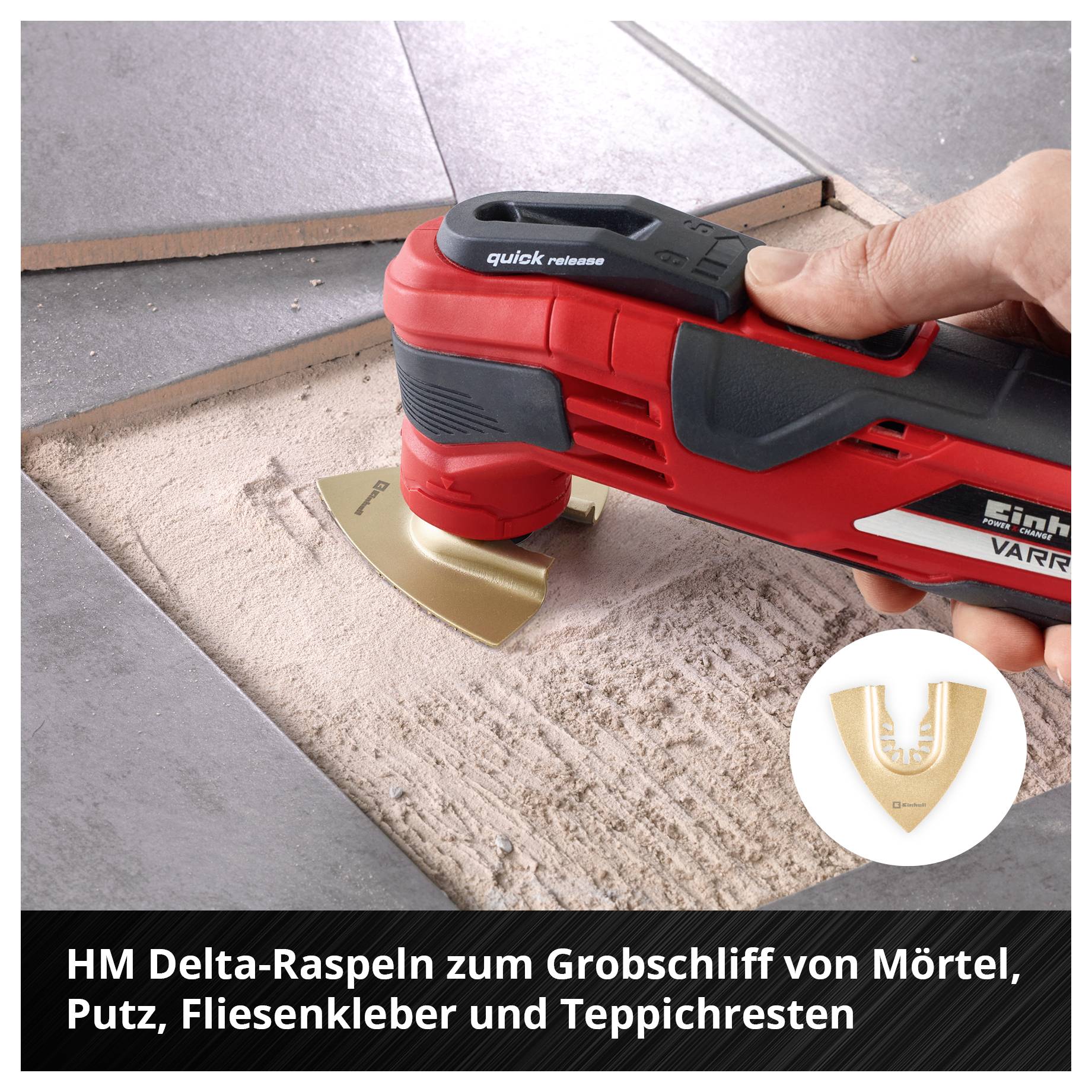 'Ein rotes Multifunktionswerkzeug schleift Mörtel von Fliesenfugen. Text sagt: HM Delta-Raspeln zum Grobschliff von Mörtel, Putz, Fliesenkleber und Teppichresten.'