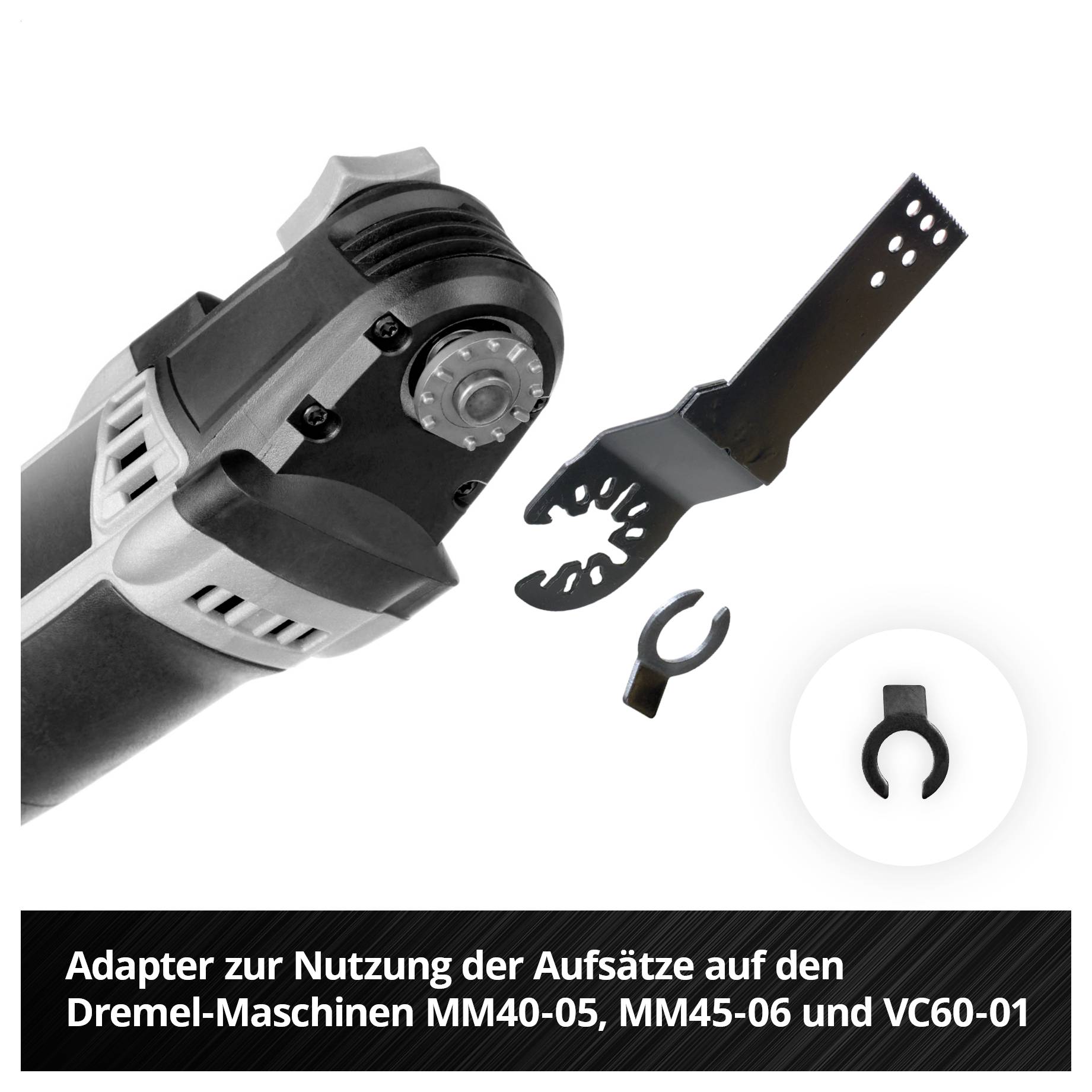 Adapter zur Nutzung der Aufsätze auf Dremel-Maschinen, zeigt Werkzeuge und Zubehörteile für Modelle MM40-05, MM45-06 und VC60-01.