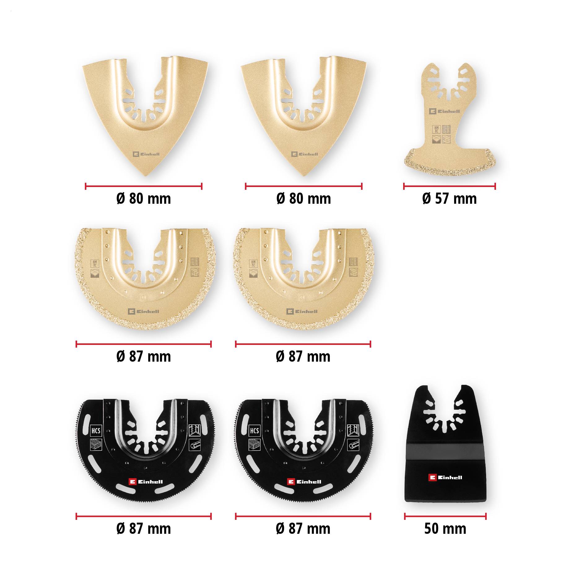 'Einhell-Sägeblätter, verschiedene Formen und Größen: 80 mm, 87 mm, 57 mm, 50 mm Durchmesser, in Gold und Schwarz dargestellt.'
