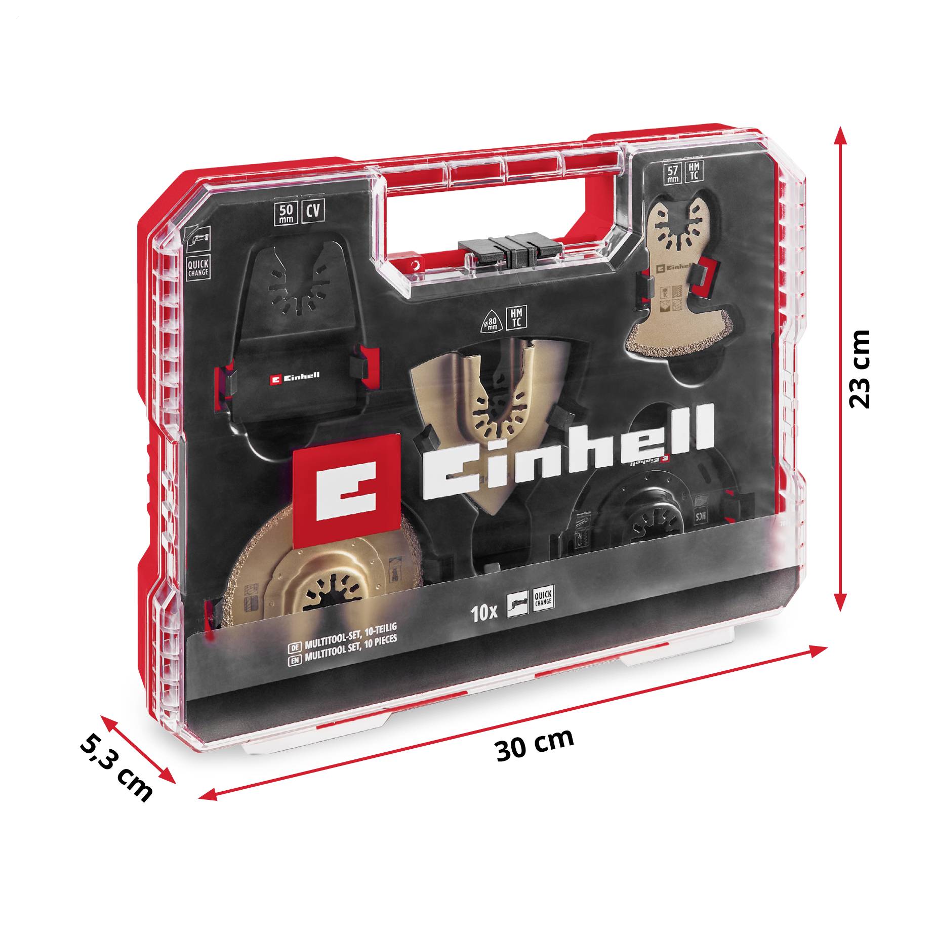 Ein Werkzeugset in einem roten Kunststoffkoffer, 30 x 23 x 5,3 cm. Enthält Zubehör für Multitools von Einhell.