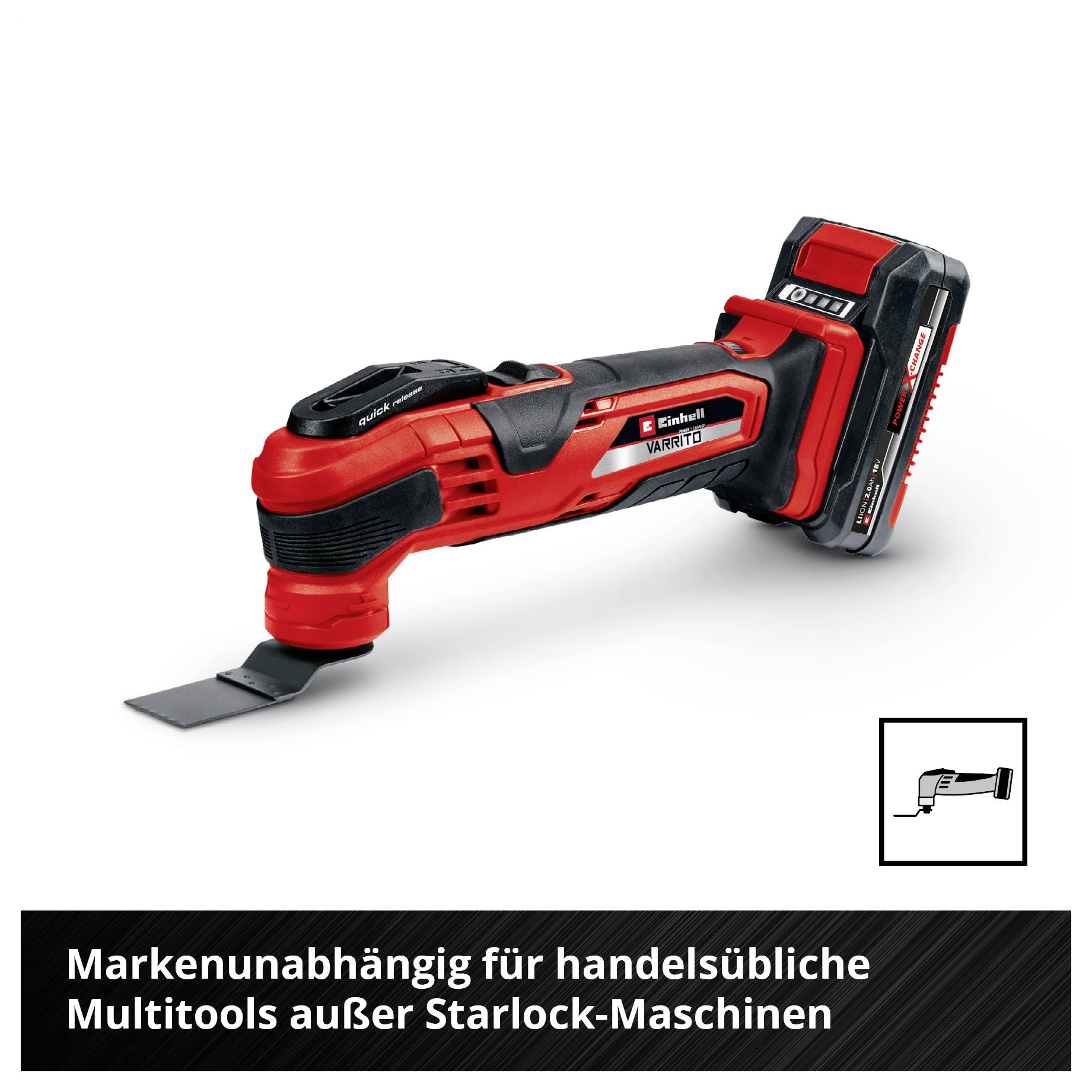 Einhell Akku-Multitool mit rot-schwarzem Design und Ladegerät. Hinweis: Kompatibel mit handelsüblichen Multitools außer Starlock.