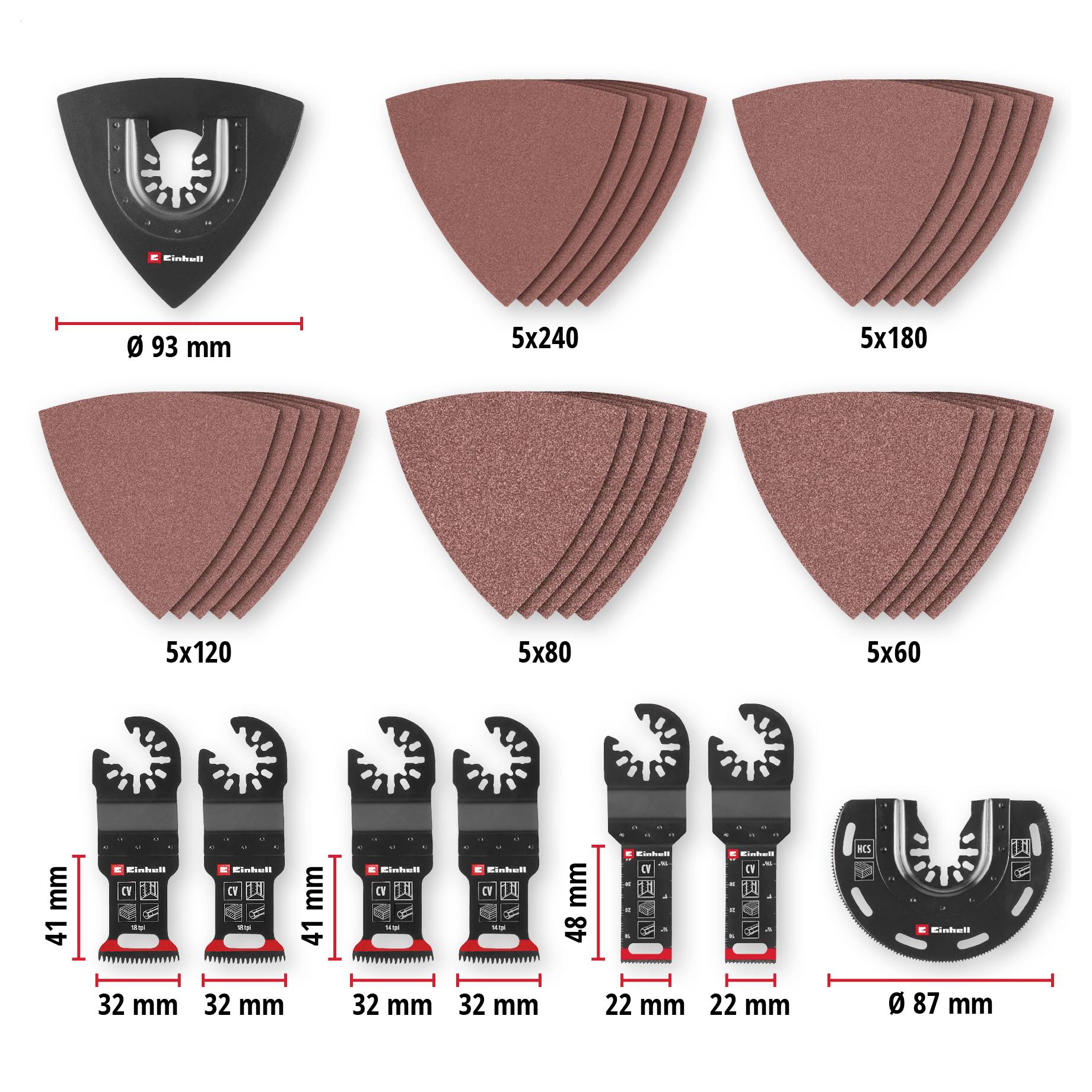 'Einhell' Schleifpapier und Sägeblatt-Set. Set enthält 5 Schleifpapier in Körnung 240, 180, 120, 80, 60 und Sägeblätter mit Abmessungen.