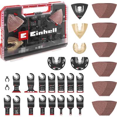 Koffer mit Einhell-Multitool-Zubehör: Verschiedene Sägeblätter, Schleifpapiere und Werkzeuge gut sortiert für vielseitige Anwendungen.