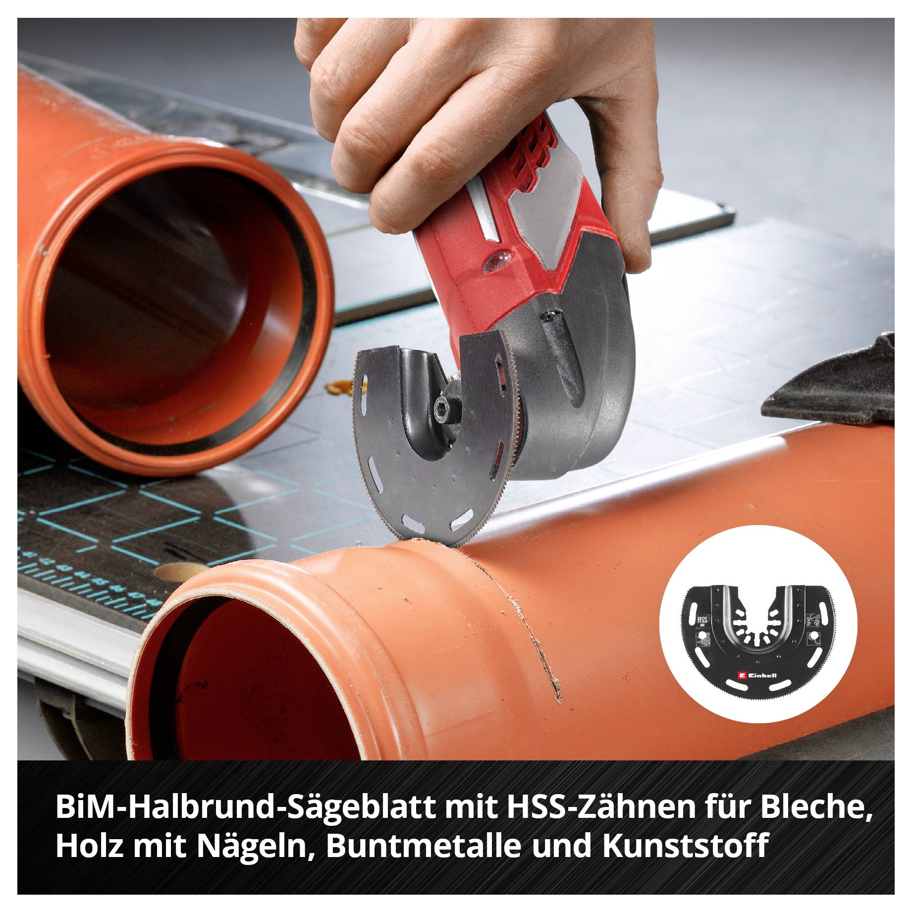 'BiM-Halbrund-Sägeblatt beim Schneiden eines orangefarbenen Rohrs auf einer Werkbank, mit Details zur Materialkompatibilität.'
