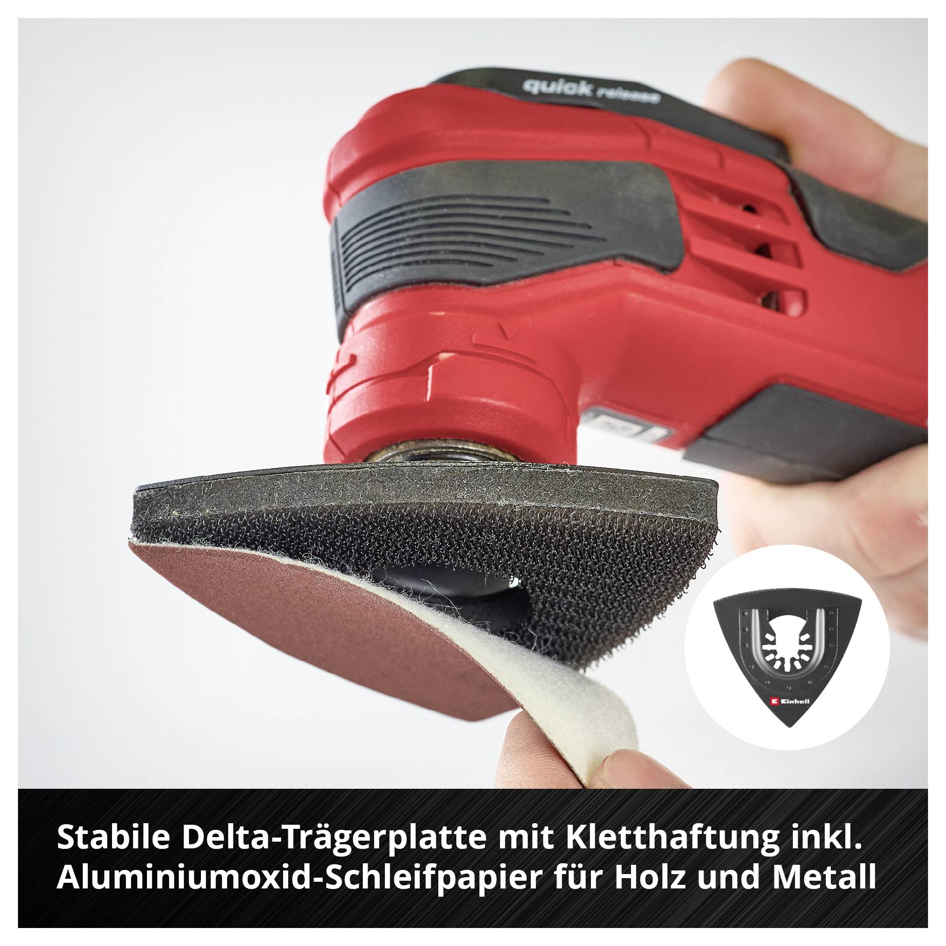 Die Abbildung zeigt ein rotes Schleifgerät mit einer abnehmbaren Schleifplatte. Text: 'Stabile Delta-Trägerplatte mit Klettbefestigung inkl. Aluminiumoxid-Schleifpapier für Holz und Metall'.