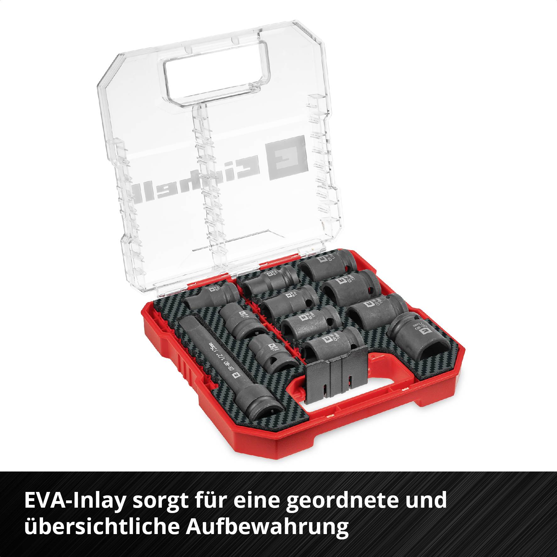 Ein offener Werkzeugkoffer mit mehreren Steckaufsätzen, ordentlich angeordnet in einem roten Träger mit EVA-Inlays für Übersichtlichkeit.