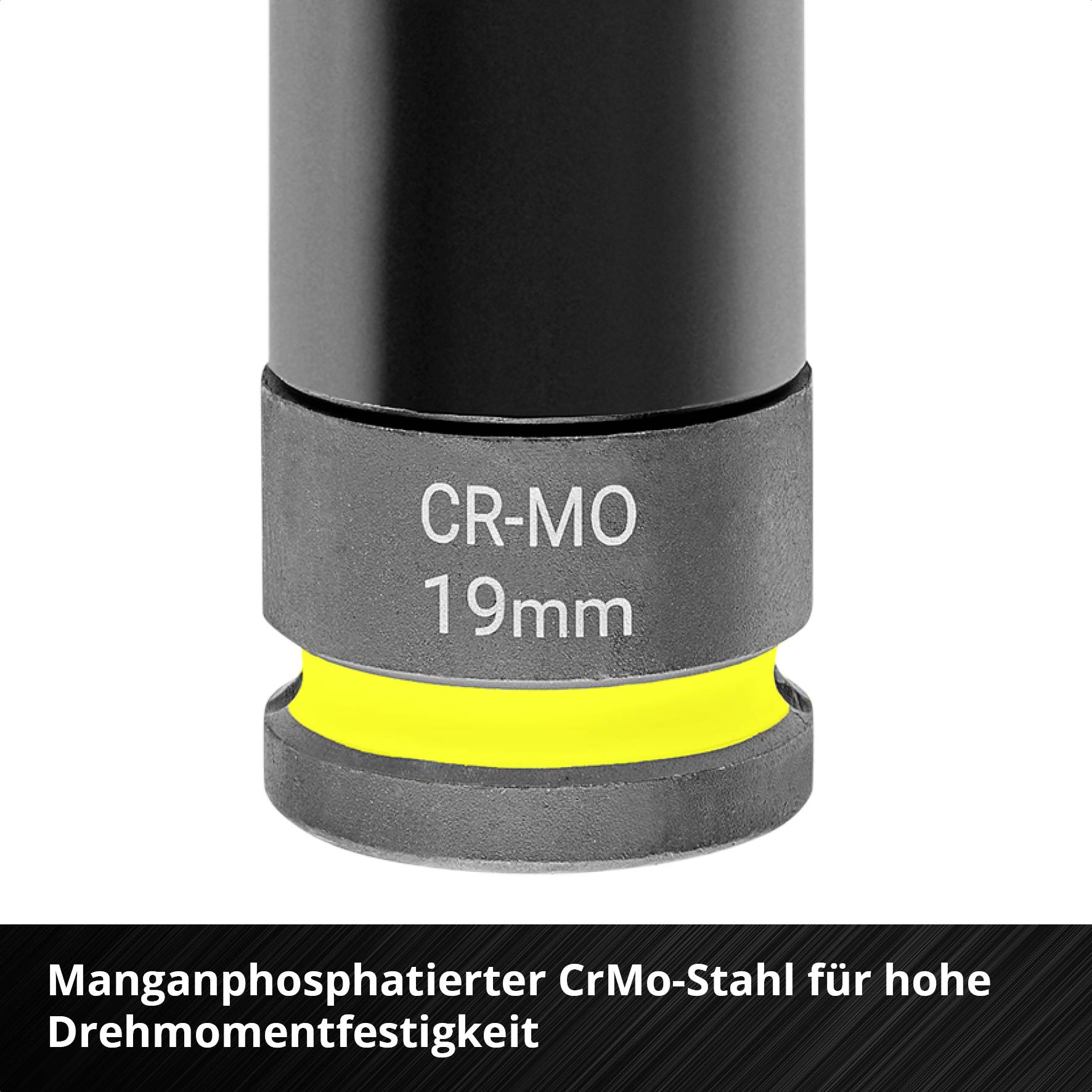 'Manganphosphatierter CrMo-Stahl für hohe Drehmomentfestigkeit', abgebildet mit Beschriftung 'CR-MO 19mm', auf Werkzeug.
