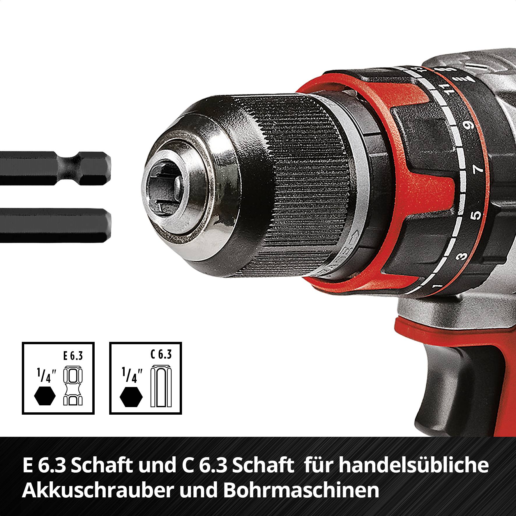 Akkuschrauber mit rotem Griff und austauschbarem Bohrkopfzubehör. Bezeichnet als E 6.3 und C 6.3 Schaft für handelsübliche Schrauber.
