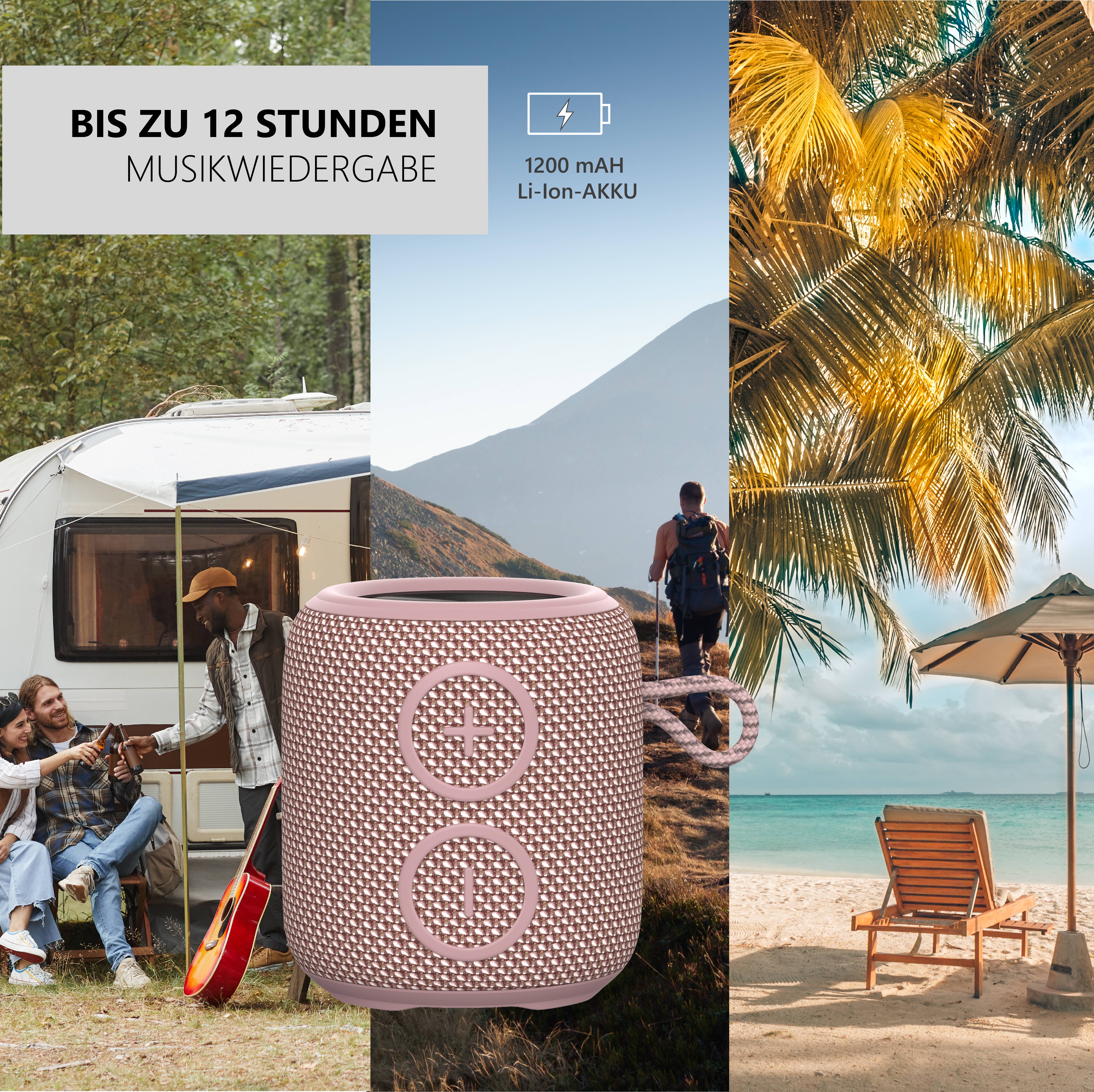 'Bis zu 12 Stunden Musikwiedergabe.' Tragbarer Lautsprecher vor Camper-Szene und Strandbild. '1200 mAh Li-Ion-Akku.'