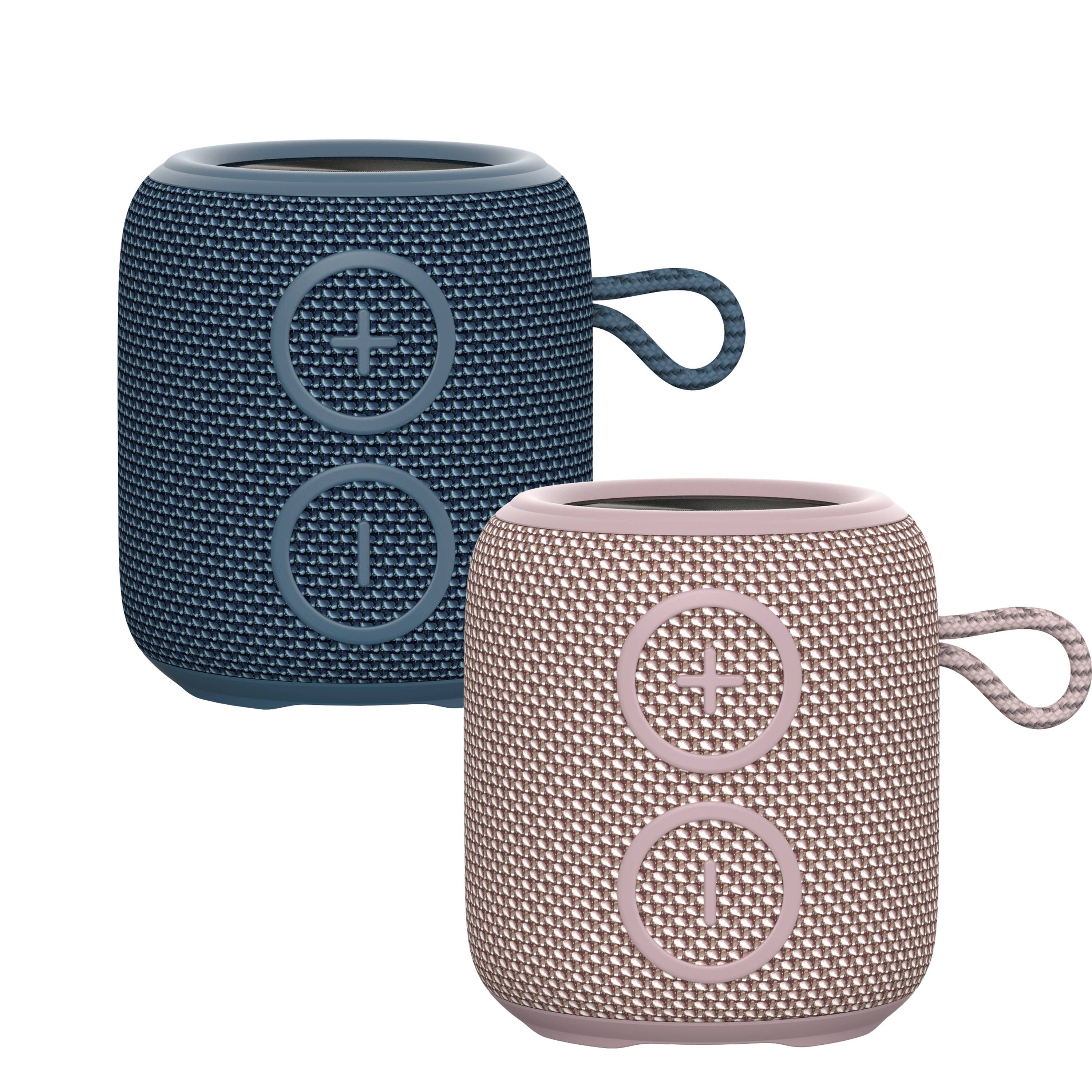 Zwei tragbare Bluetooth-Lautsprecher in Blau und Rosa mit gewebtem Stoffbezug, oben liegendem Lautstärkeregler und Gummigriffen.
