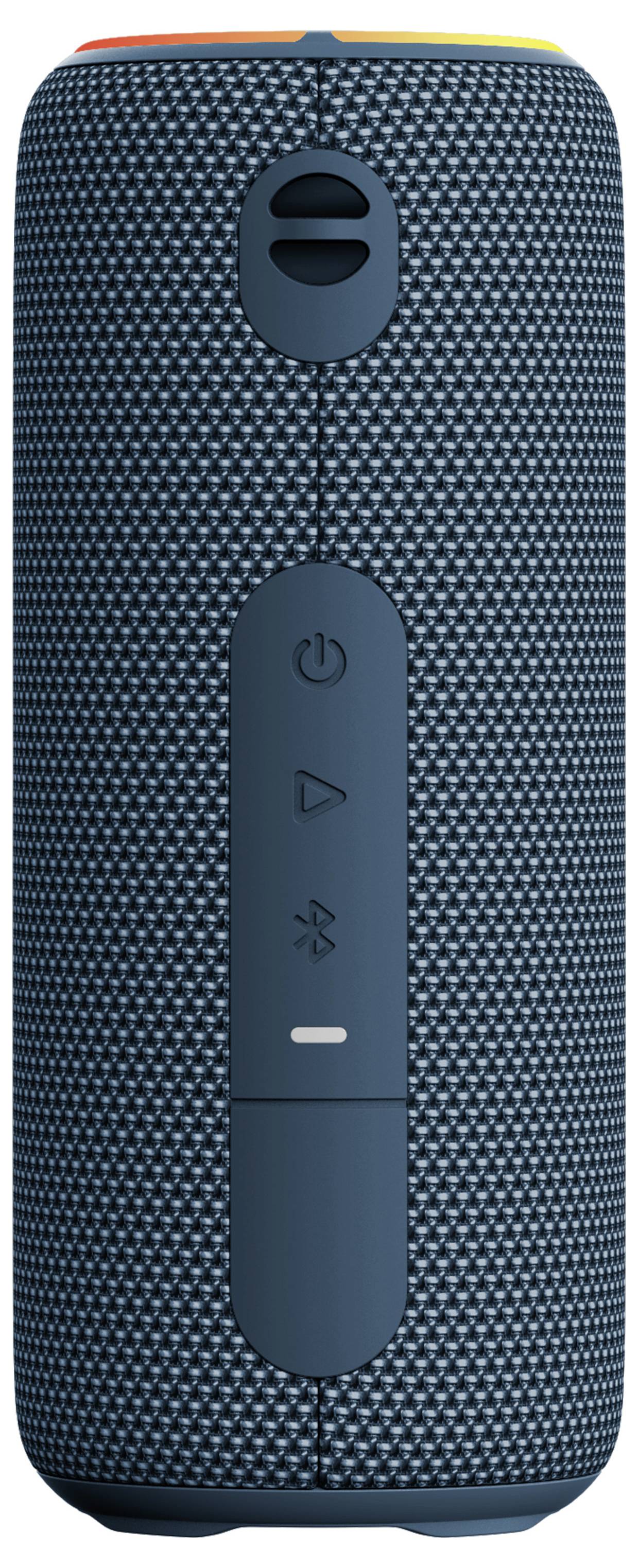 Ein tragbarer, zylinderförmiger Lautsprecher in Blau mit strukturiertem Gehäuse. Sichtbare Bedienelemente für Power, Bluetooth und Lautstärke.