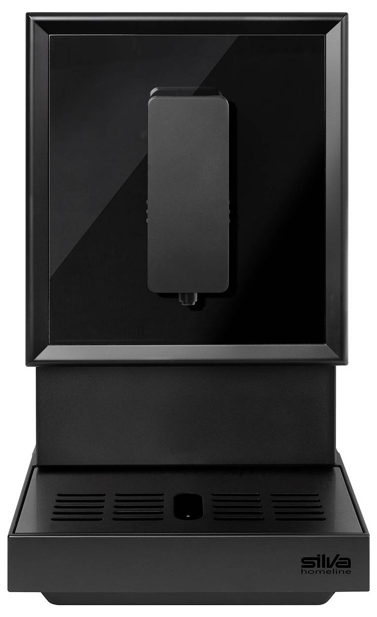 Ein schwarzer, moderner Kaffeevollautomat mit einfacher Bedienfläche und abnehmbarem Tropfgitter.