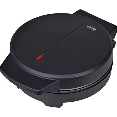 Ein schwarzes, rundes Waffeleisen mit einer roten und grünen Kontrollleuchte.