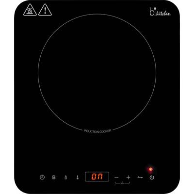 Schwarze Induktionskochplatte mit digitaler Anzeige auf 'ON', Bedienfeld mit Plus- und Minus-Symbolen und rotem Betriebslicht.