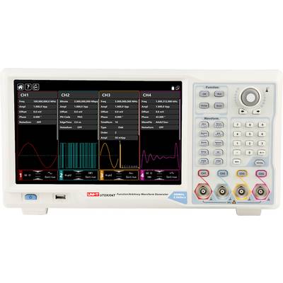 Funktion-/Arbitrary-Wellenformgenerator mit vier Kanälen (CH1-CH4). Zeigt unterschiedliche Wellenformen und Parameter auf dem Display an.