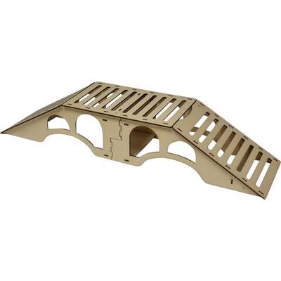 Ein Holzspielzeug für Kleintiere; eine Kletterrampe mit Löchern und einem Dach aus Holzlatten. Ideal für Bewegung und Verstecken.