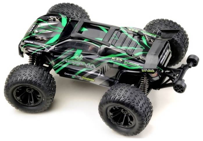 Ein ferngesteuertes Auto mit grün-schwarzem Design und großen, robusten Reifen. Geeignet für Offroad-Fahrten.