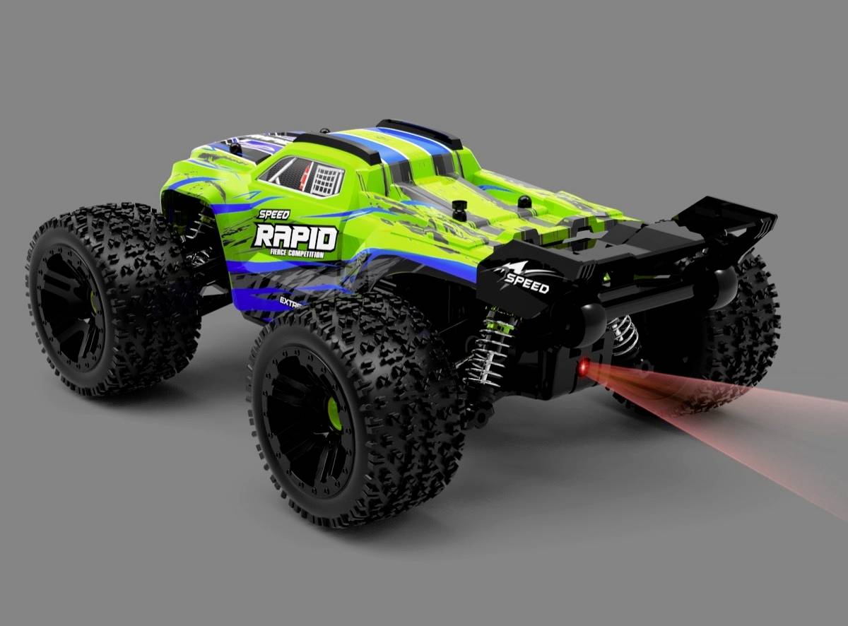 Spielzeugauto in lebhaftem Grün und Blau, mit der Aufschrift 'Speed Rapid', steht auf grauem Hintergrund. Große, griffige Reifen.