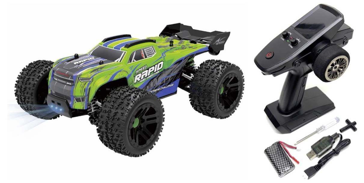 Ferngesteuertes Auto im Offroad-Stil mit großen Reifen und grün-blauem Design. Enthalten sind eine Fernbedienung, Ladegerät und Zubehör.