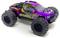 Ein lila ferngesteuertes Auto mit grafischen Aufdrucken, großen Reifen, und detailliertem Design auf weißem Hintergrund.