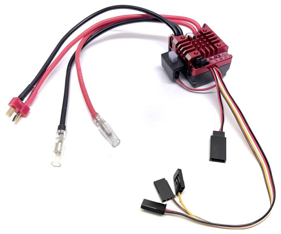 Elektronischer Drehzahlregler für Modellfahrzeuge mit rot-schwarzen Kabeln und verschiedenen Steckverbindern.