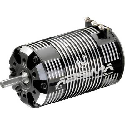 Schwarzer, zylindrischer Elektromotor mit Kühlrippen und Aufschrift 'ARRMA'. Verwendet in ferngesteuerten Fahrzeugen für hohe Leistung.