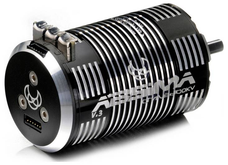 Schwarzer Elektromotor mit silbernen Kühlrippen, modell 'ABSIMA Thrust B-Spec'. Erkennbar sind Anschlüsse und Markenlogo.
