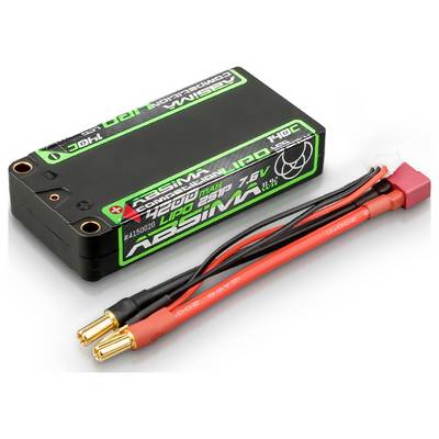 'LiPo-Batterie von Absima mit 4000mAh Kapazität, 7,6V, 140C, mit zwei goldenen Anschlüssen und roten Kabeln, geeignet für RC-Fahrzeuge.'