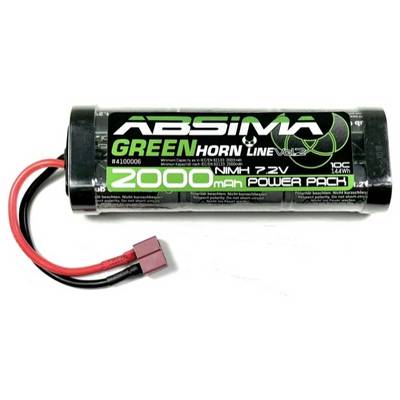 Ein 'Absima Greenhorn Line' NiMH-Akku mit 7,2V und 2000mAh. Schwarzes Gehäuse mit grüner Schrift und roten Kabeln.