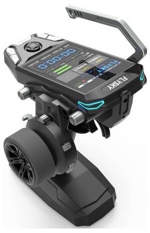 Ein schwarzer Hand-Controller mit digitalem Display und mehreren Knöpfen. Das Display zeigt verschiedene Statusanzeigen und Farben.