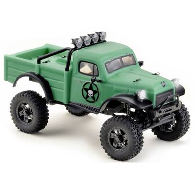 Grünes Spielzeug-Geländewagen mit großen Reifen und einem schwarzen Schädel-Logo an der Seite.